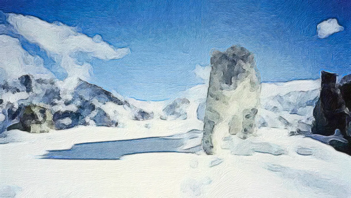 Snow Leopard on a snowy mountain